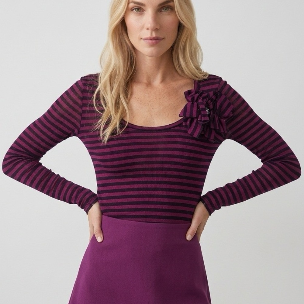 Sweet Pea Purple Striped Mesh Top Ruffle Flower Rhinestone Y2K WhimsigothNew M